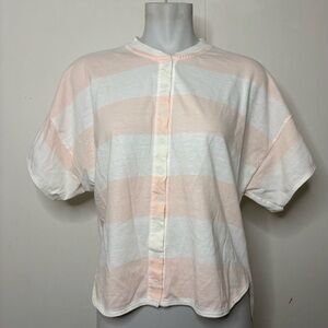 Vintage 80s Circuit Pale Pink White Striped Snap Up Cropped T Shirt